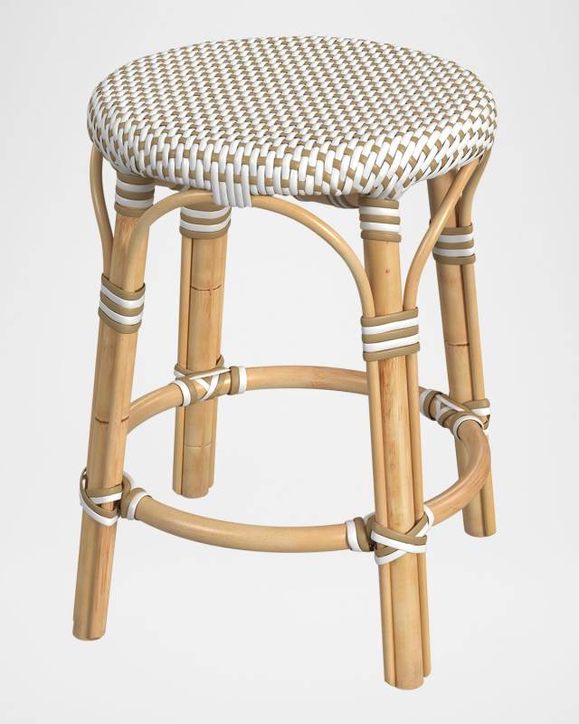 Tobias 18" Rattan Dining Stool, White/Tan Dot
